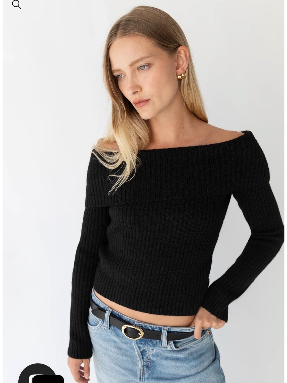 OAK + FORT Black Off-the-Shoulder Ribbed Sweater